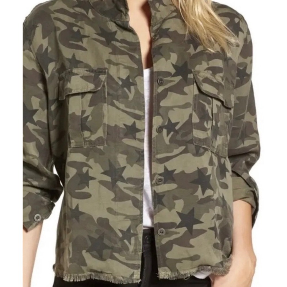 Rails Camo Utility Jacket XS Raw Hem Military Cargo Shirt Jacket Linen Blend